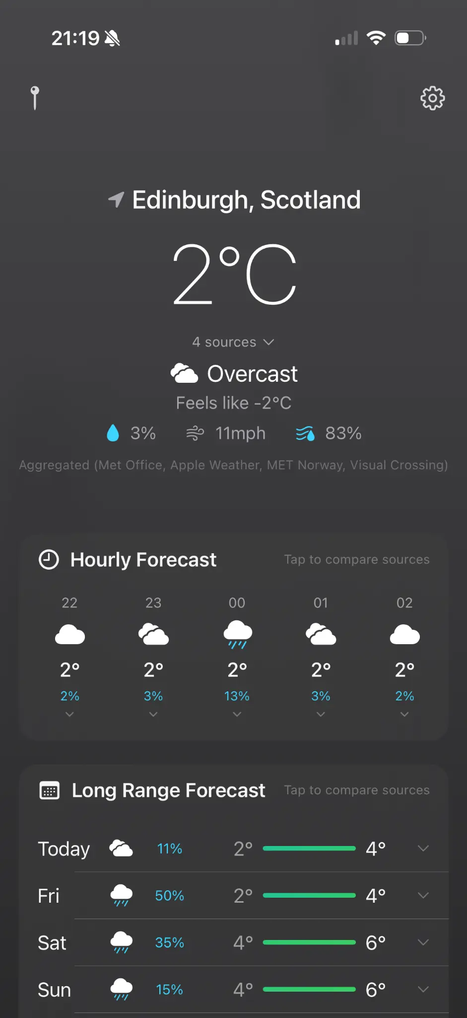 Vane app showing aggregated weather data